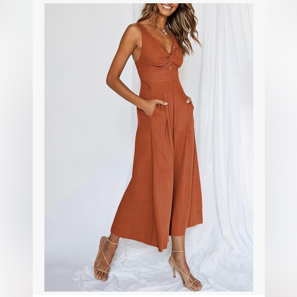 Anrabess Women's Brick Red Orange Jumpsuit Wide Leg Sleeveless Linen Romper - Picture 6 of 15
